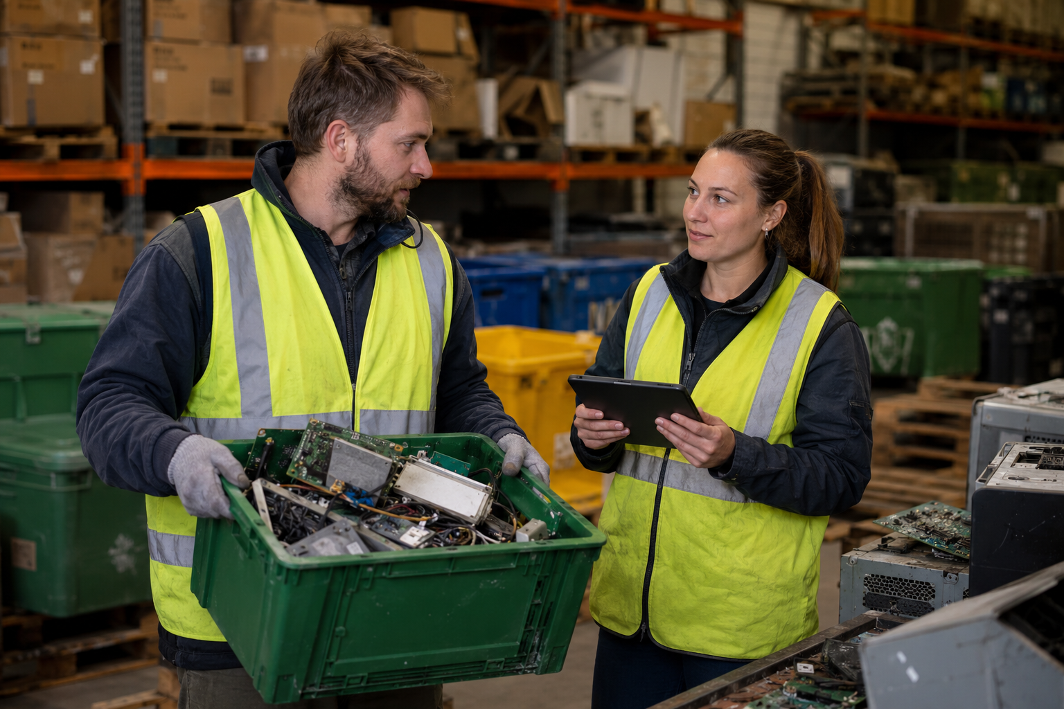 Recycling workers processing e-waste in facility